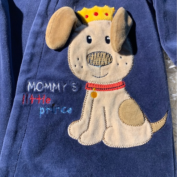 VINTAGE BABIES R US FOOTIE PAJAMA VELOUR W/ PUPPY  “MOMMY’S LITTLE PRINCE” 3MO - Picture 2 of 7